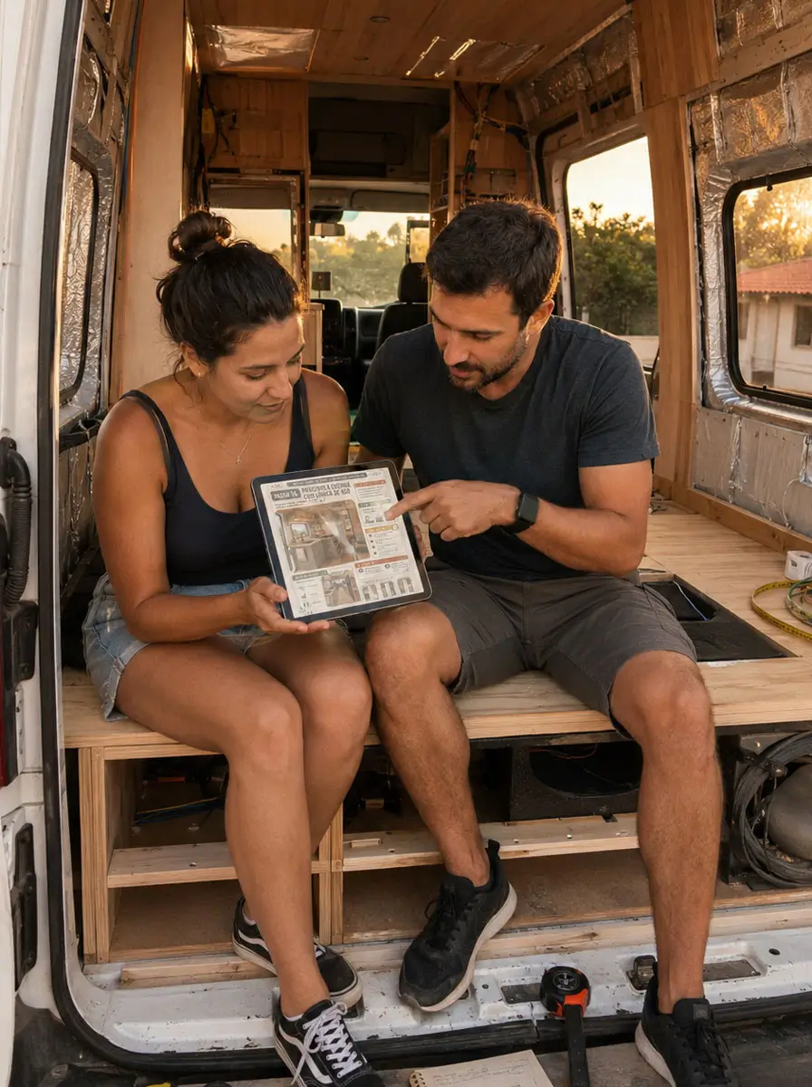 Casal consultando o Motor Home do Zero durante a montagem do veículo