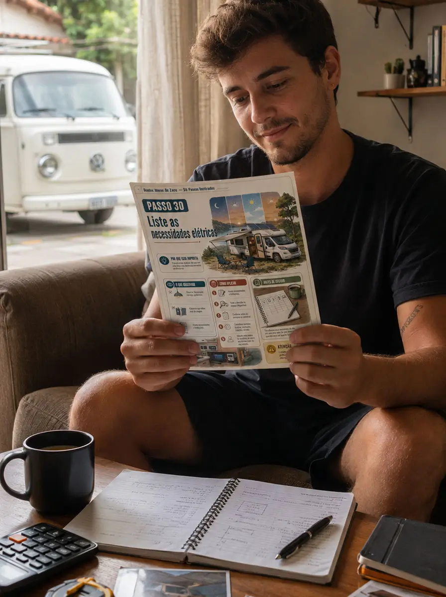 Leitor consultando uma prévia do Motor Home do Zero — 50 Passos Ilustrados