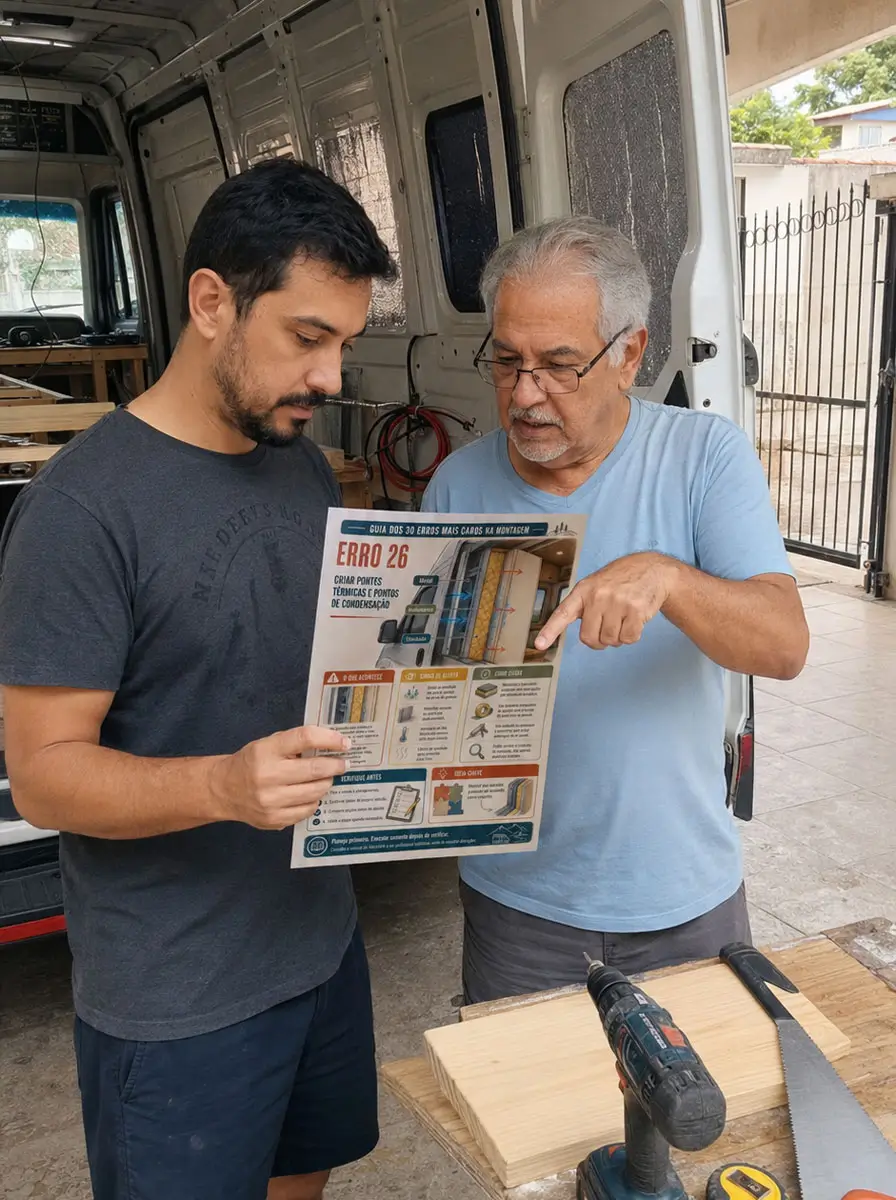 Construtores consultando uma etapa do projeto durante a montagem do motor home